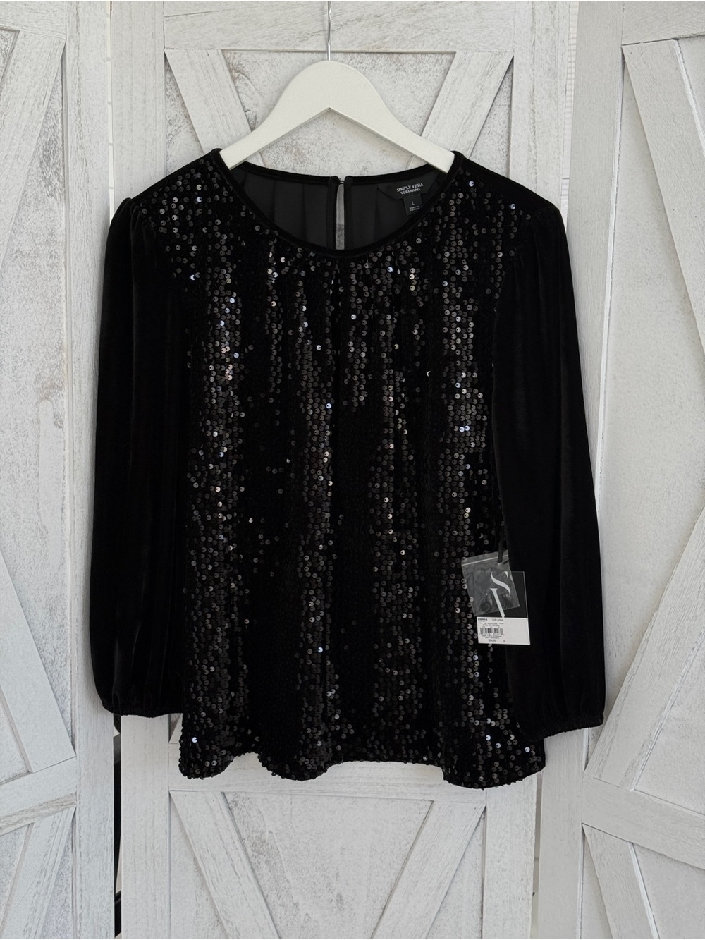 Simply Vera Vera Wang Black Sequin Velvet Long-Sleeve Blouse